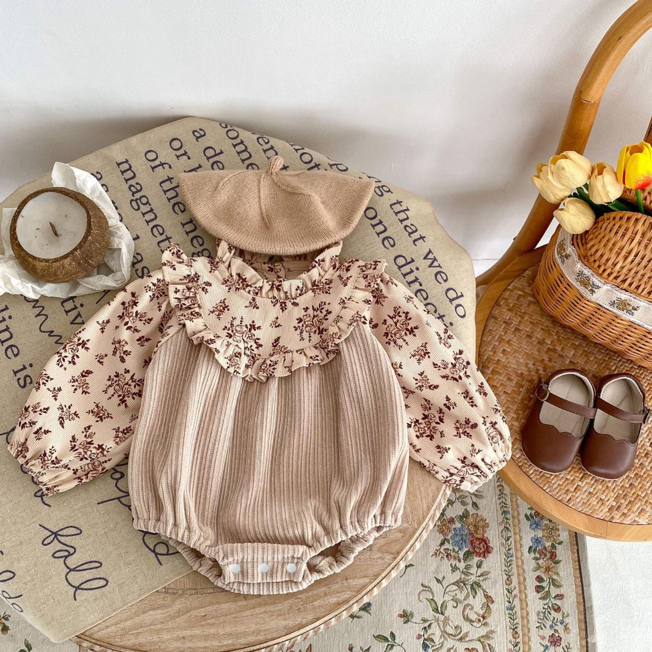 Vintage Floral Corduroy Baby Romper